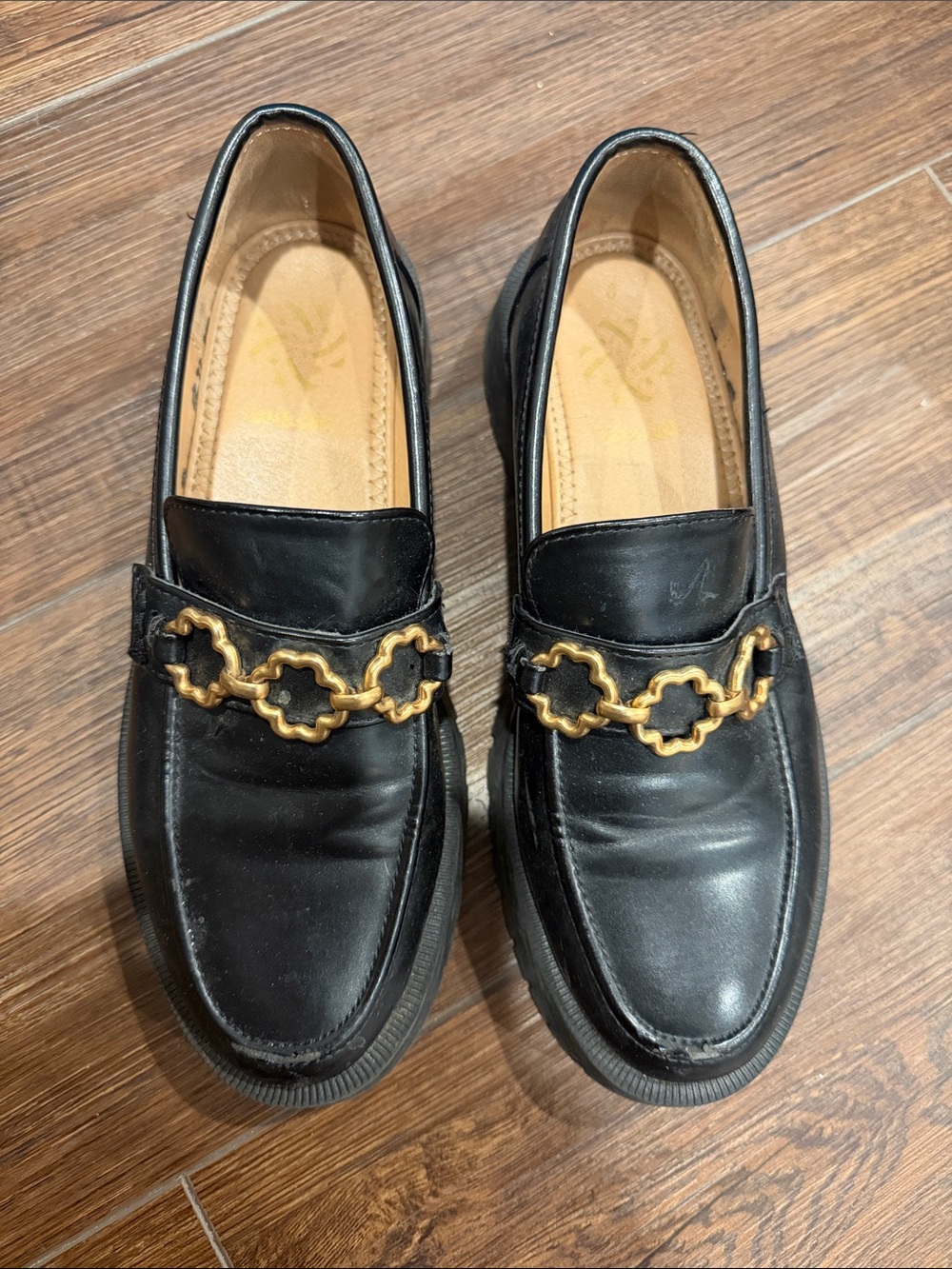 Sam & Libby Black Loafers with Gold Chain Detail